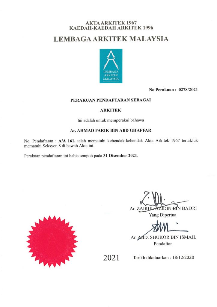 Professional Certification Farik Ghaffar Architect